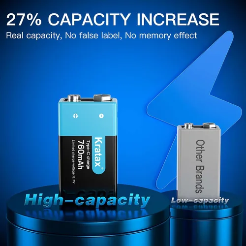 Vista 2 de Kratax Baterías de litio recargables USB de 9 V, paquete de 2 baterías recargables de iones de litio de 760 mAh de 9 voltios con cable de carga