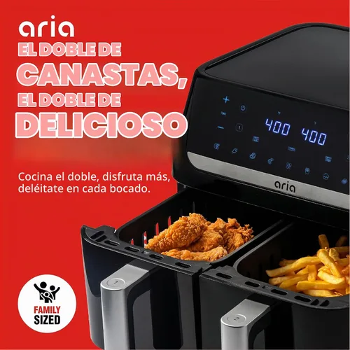 Vista 2 de Aria - Freidora de aire doble de 10 cuartos con 2 canastas, freidora de aire dual Smart Sync, fácil de limpiar, apta para lavavajillas, cesta doble