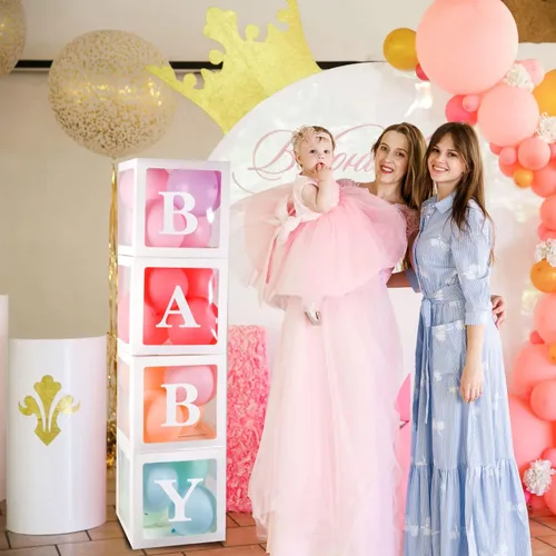 Vista 6 de Cajas de bebé con 4 piezas de letras blancas claras de globos para baby shower y fiesta de cumpleaños