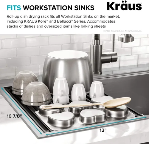 Vista 4 de Kraus Multiusos Escurreplatos Enrollable para Fregadero con Colador y Esterilla en Aqua, KRM-11AQ