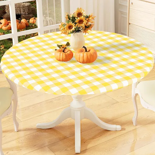 Vista 17 de misaya Mantel redondo ajustable con borde elástico, mantel de vinilo impermeable a cuadros de búfalo con parte trasera de franela para mesas Cuadros