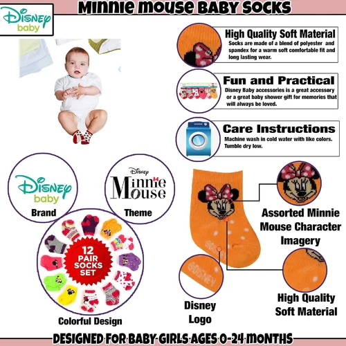 Vista 4 de Disney Juego de 12 pares de calcetines de Minnie Mouse para niñas pequeñas, multicolor, edades de 0 a 24 meses