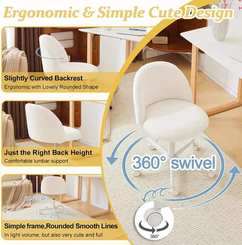 Vista 7 de VINGLI Silla de tocador moderna con respaldo, silla de escritorio de terciopelo para niñas, silla de oficina pequeña con ruedas silenciosas, Blanco