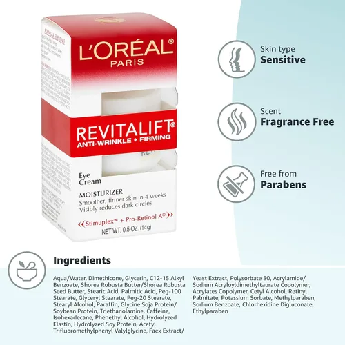 Vista 10 de L'Oreal Paris Skincare Revitalift Crema de ojos antiarrugas y reafirmante con Pro Retinol, tratamiento para reducir ojeras, sin fragancia, 0.5 oz.