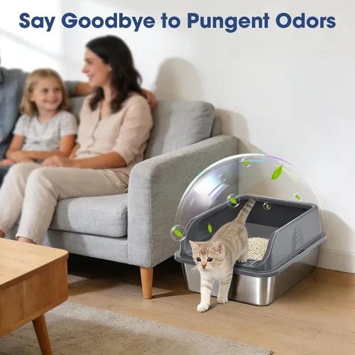 Vista 7 de Pequeña caja de arena de acero inoxidable con tapa para gatitos, cajas de arena de metal para gatos con laterales altos cerradas para gatos