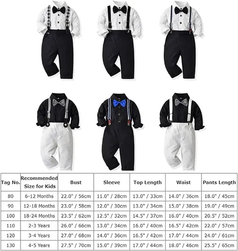 Vista 7 de IBTOM CASTLE Camisa con pajarita para bebés y niños, pantalones con tirantes, trajes de caballero para boda, bautismo, cumpleaños, esmoquin formal