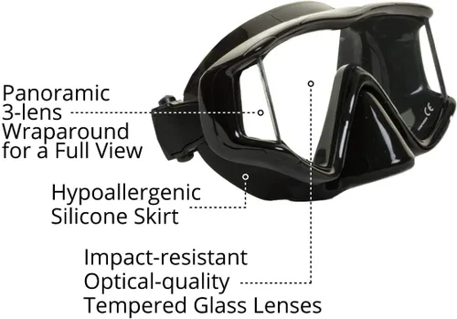 Vista 5 de EVO Tiburon Máscara de buceo panorámica de 3 lentes - Máscara de buceo - Máscaras de buceo para adultos - Accesorios de buceo - Equipo de buceo Negro
