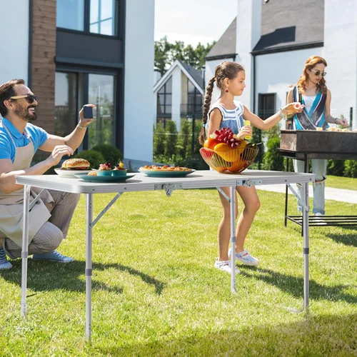 Vista 9 de Mesa plegable para uso en interiores y exteriores, mesa de tres pliegues de aleación de aluminio, mesa plegable portátil, mesa rectangular