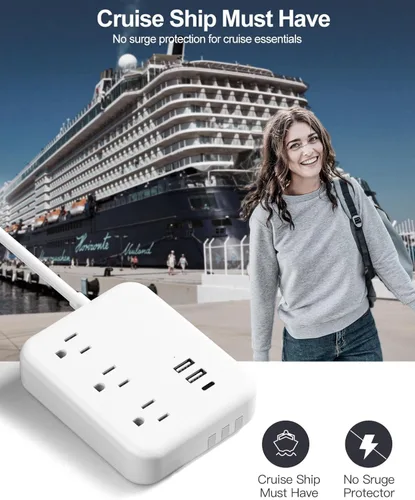 Vista 5 de Regleta de alimentación de viaje con 3 cables integrados, cable de extensión de enchufe plano con 3 tomas, 6 puertos USB, cable de extensión plano