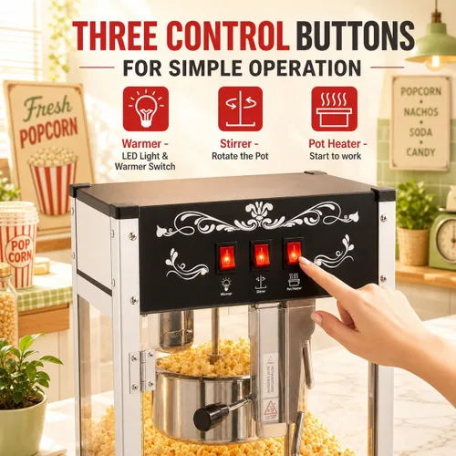 Vista 3 de Máquina comercial de palomitas de maíz con hervidor de 20 onzas, máquina de palomitas de maíz para encimera estilo teatro, acero inoxidable, control