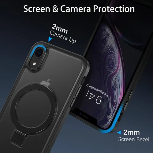 Vista 9 de DUEDUE Funda magnética para iPhone XR con soporte de anillo [compatible con Magsafe], funda protectora de cuerpo completo, delgada, a prueba de Negro