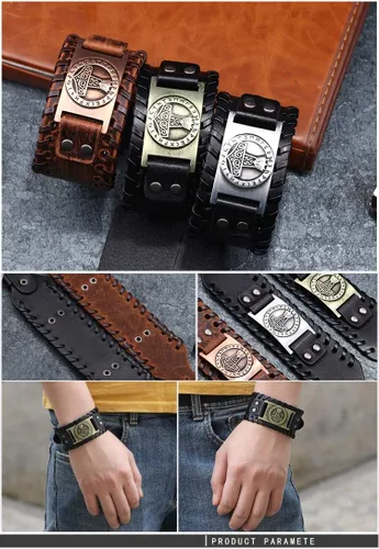 Vista 6 de GelConnie - Pulsera de piel con amuleto vikingo y talismán escandinavo celta pagano
