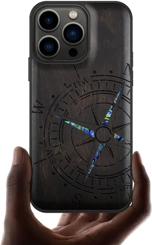 Vista 14 de Carveit Funda protectora de madera de diseñador para iPhone 13 Pro, cubierta magnética, grabado en madera e incrustaciones de concha, funda