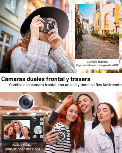 Vista 4 de Cámara digital 4K, cámaras de enfoque automático de 48 MP para fotografía, cámara compacta de vlogging con cámara frontal y trasera, cámaras de Negro