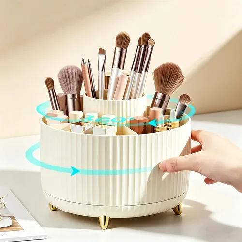 Vista 4 de Organizador de brochas de maquillaje giratorio de 360 grados, diseño desmontable, 5 ranuras, para cosméticos y lápices, organizador para escritorio