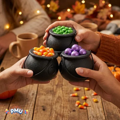 Vista 5 de PMU Caldero de Halloween 6 piezas de 3 pulgadas pequeño de bruja de plástico para caldero negro, para decoración de Halloween