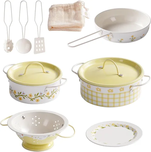 Vista 9 de ROBUD Juego de Ollas y Sartenes para Niños, Accesorios de Cocina para Jugar, Ollas y Sartenes de Metal en Crema Azul, Juego de Cocina para Niños