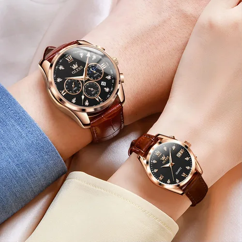 Vista 19 de OLEVS Juego de 2 relojes de cuarzo para parejas de San Valentín, para él y ella, cronógrafo de cuero, con diamantes para hombres, mujeres, amantes