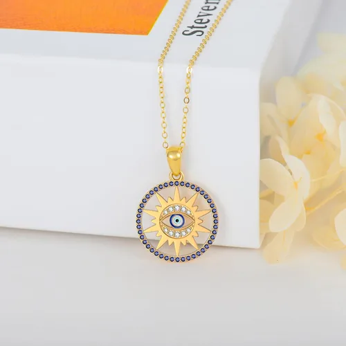 Vista 5 de Collar de oro macizo de 14 quilates para mujer, dije de sol y mal de ojo, delicado collar de protección contra el mal de ojo, 16 pulgadas + 2