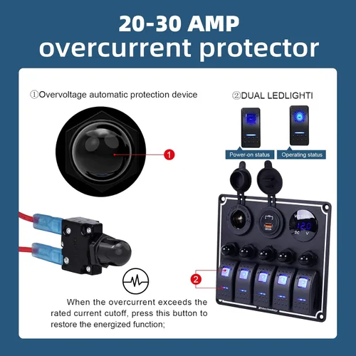 Vista 3 de Panel de interruptores de barco marino de 5 posiciones con cargador USB dual y voltímetro, panel de interruptores basculantes de aluminio