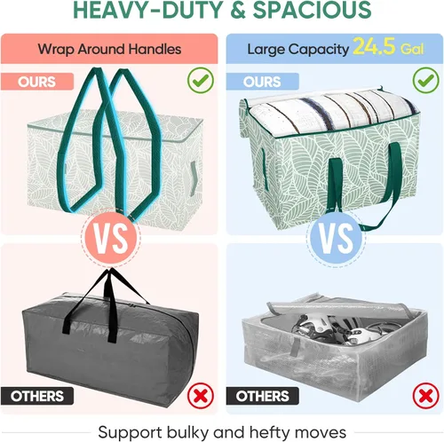 Vista 4 de BALEINE Paquete de 2 bolsas de mudanza de gran tamaño con asas reforzadas, bolsa de almacenamiento resistente para ropa, suministros de mudanza