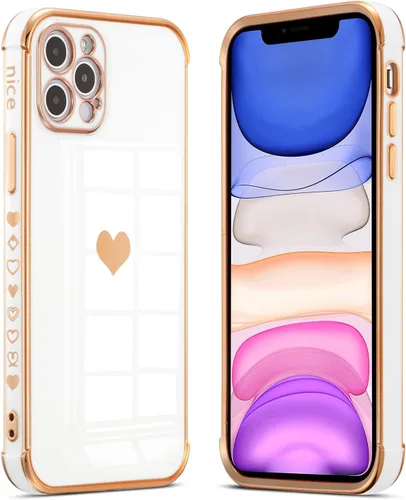Vista 8 de DEFBSC Compatible con iPhone 12, funda de corazón con borde galvanizado, protección completa de la cámara, esquinas reforzadas elevadas, cubierta