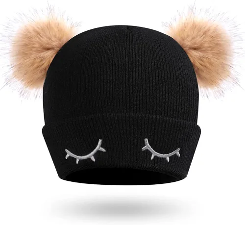 Vista 2 de Muryobao Gorro de invierno para mujer, suave y cálido, con cierre de calavera, con doble pompón, orejas