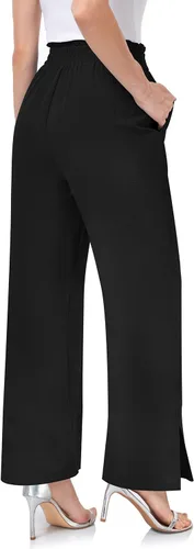 Vista 4 de UEU Pantalones casuales de pierna ancha para mujer, cintura alta, ajustables, con nudo de lazo, pantalones de trabajo de negocios con bolsillos