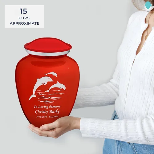 Vista 5 de Geturns Embrace - Urnas de cremación personalizadas de delfines para cenizas humanas, urna funeraria grande de color rojo brillante para mujeres