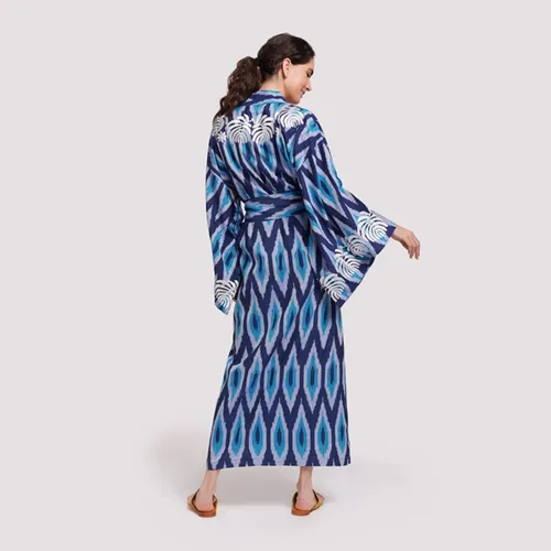 Vista 3 de RanRui Kimono de playa de gran tamaño con estampado Geometría de mujer Kimonos de rayón con cinturón para verano 81697 Azul