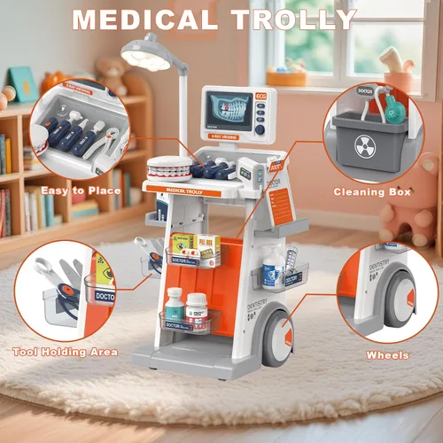 Vista 5 de RedCrab Kit de Doctor para Niños, Juego de Doctores para Niños de 32 Piezas con Carrito Médico, Estetoscopio, Termómetro y Jeringa, Juguete de Juego