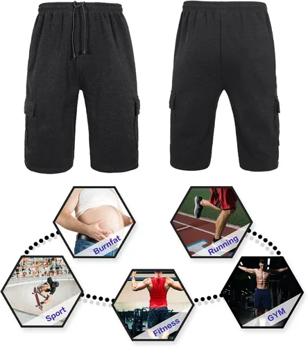 Vista 5 de Pantalones cortos deportivos para hombre por debajo de la rodilla, pantalones cortos cargo de forro polar con cintura elástica, pantalones