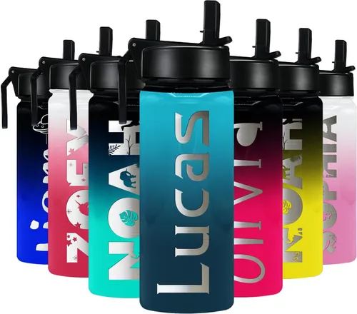 Vista 15 de Botella de agua personalizada para niños con tapa de popote en azul aguamarina degradado para la escuela, nombre personalizado para niños, 18 onzas