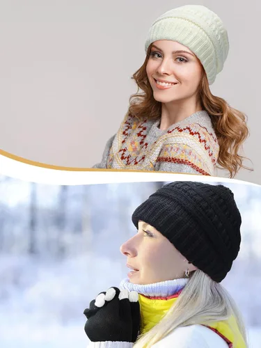 Vista 5 de Juego de 4 piezas de gorro de punto con forro de satén de invierno para mujer