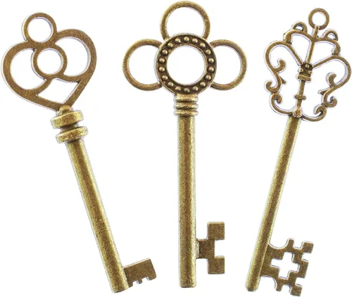 Vista 2 de Super Z Outlet Llaves piratas de castillo de bronce de bronce de estilo antiguo para recuerdos de fiesta de cumpleaños, mini regalos de tesoros