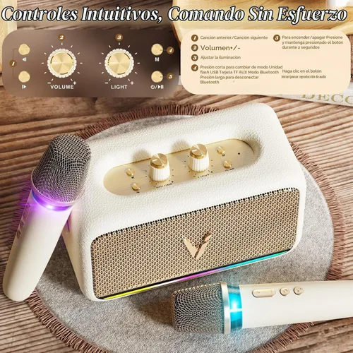 Vista 6 de Máquina de karaoke con 2 micrófonos inalámbricos y envoltura de cuero suave Mini altavoz Bluetooth portátil con 5 modos de cambio de voz