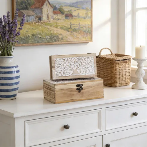 Vista 2 de 2 cajas de recuerdo de madera tallada con tapa con árbol de la vida, cajas de almacenamiento decorativas para decoración del hogar, caja