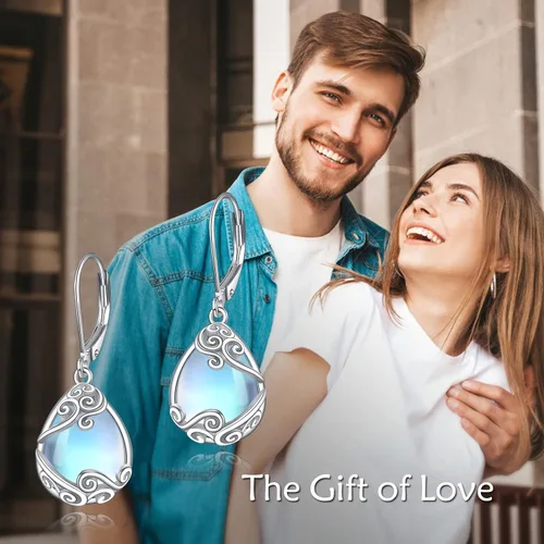Vista 216 de Aretes colgantes con forma de lágrima de filigrana de piedra lunar de plata de ley 925 con cierre de palanca para mujer, regalos de joyería