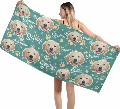 Vista 7 de MyPupSocks Toallas de playa personalizadas para niños y adultos, toalla de piscina con nombre y cara de perro, regalos personalizados con nombre