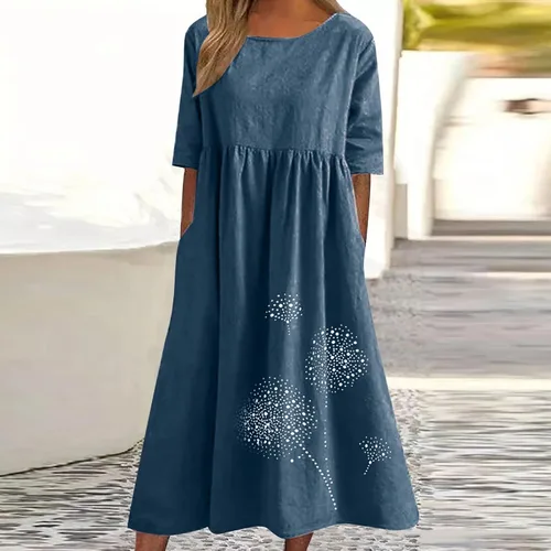 Vista 2 de Ceboyel Vestido largo de algodón y lino para mujer, estampado de diente de león, vestidos de manga corta, estilo bohemio, casual, vestido de verano