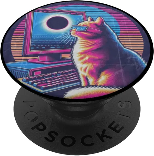Vista 6 de Eclipse solar de gato - Synthwave Retro Poster Style PopSockets MagSafe PopGrip para iPhone
