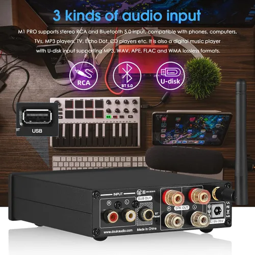 Vista 3 de Douk Audio Amplificador de potencia Bluetooth M1 PRO de 320 W, amplificador de audio de 2 canales, receptor inalámbrico, para altavoces estéreo