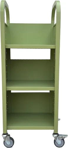 Vista 5 de Workington Carrito de libro con ruedas de un solo banco con 3 estantes planos, carrito de libros de biblioteca con ruedas giratorias bloqueables