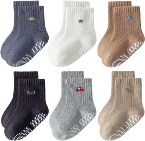 Vista 9 de Calcetines tobilleros antideslizantes para niños pequeños con agarres, lindos sin costuras, para bebés, niños y niñas, 6 pares