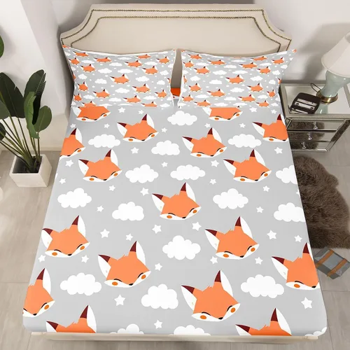Vista 7 de Erosebridal Juego de ropa de cama de zorro para niños, sábana bajera ajustable de zorro de dibujos animados para niños y niñas, decoración