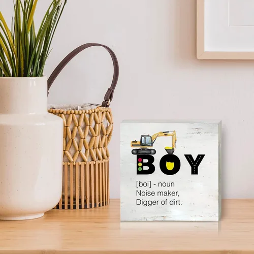 Vista 5 de Letrero de madera de construcción para cuarto de bebé, diseño de camión de construcción, caja de madera, bloque para pared, escritorio, hogar, Niño