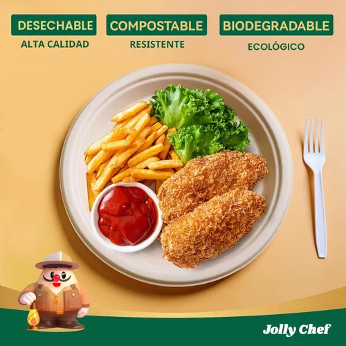 Vista 3 de JOLLY CHEF Platos compostables de alta resistencia de 10 pulgadas [Paquete de 125] Platos de papel desechables ecológicos de bagazo natural