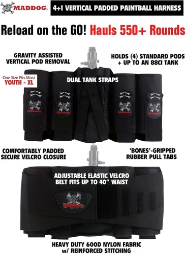 Vista 2 de Maddog Paquete de arnés vertical de paintball 4+1 Cinturón de soporte para cápsulas de paintball con bolsa para hasta 88ci. Botella de tanque