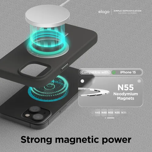 Vista 2 de elago - Carcasa magnética de silicona para iPhone 15, color negro Compatible con MagSafe, imanes integrados, silicona de agarre suave, a prueba