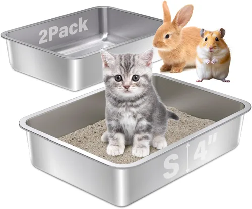 Vista 9 de Caja de arena de acero inoxidable con tapa, caja de arena de metal para gatitos, cajas de arena de entrada baja con pala y alfombra, caja de arena